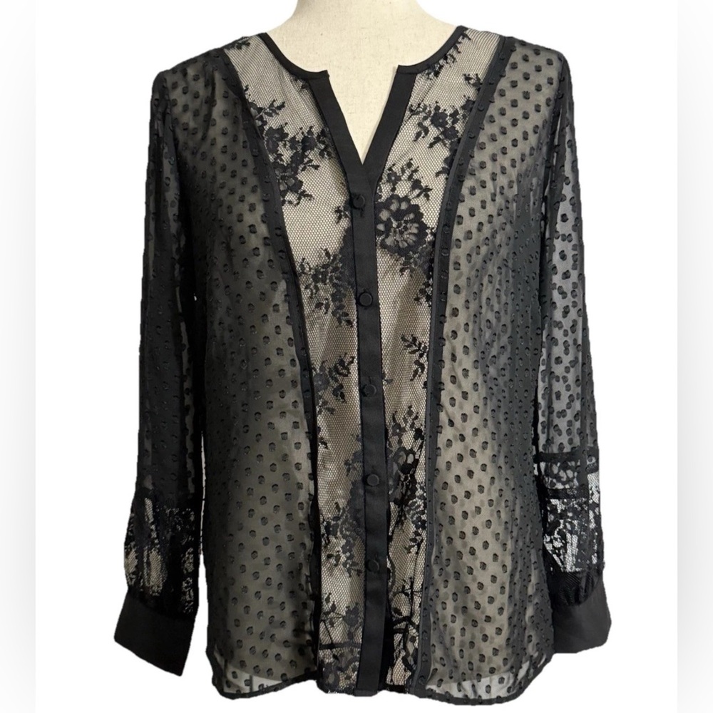 Ann Taylor petite Small Button Shirt Sheer Black Lace Dot